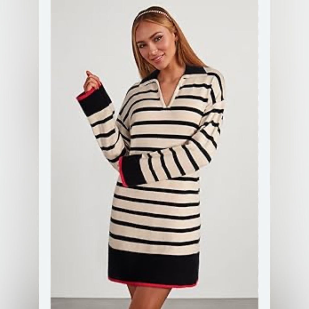 🆕 Dokotoo Knit Striped Polo V Neck Black & Cream Mini Dress, Relaxed Fit, Size M